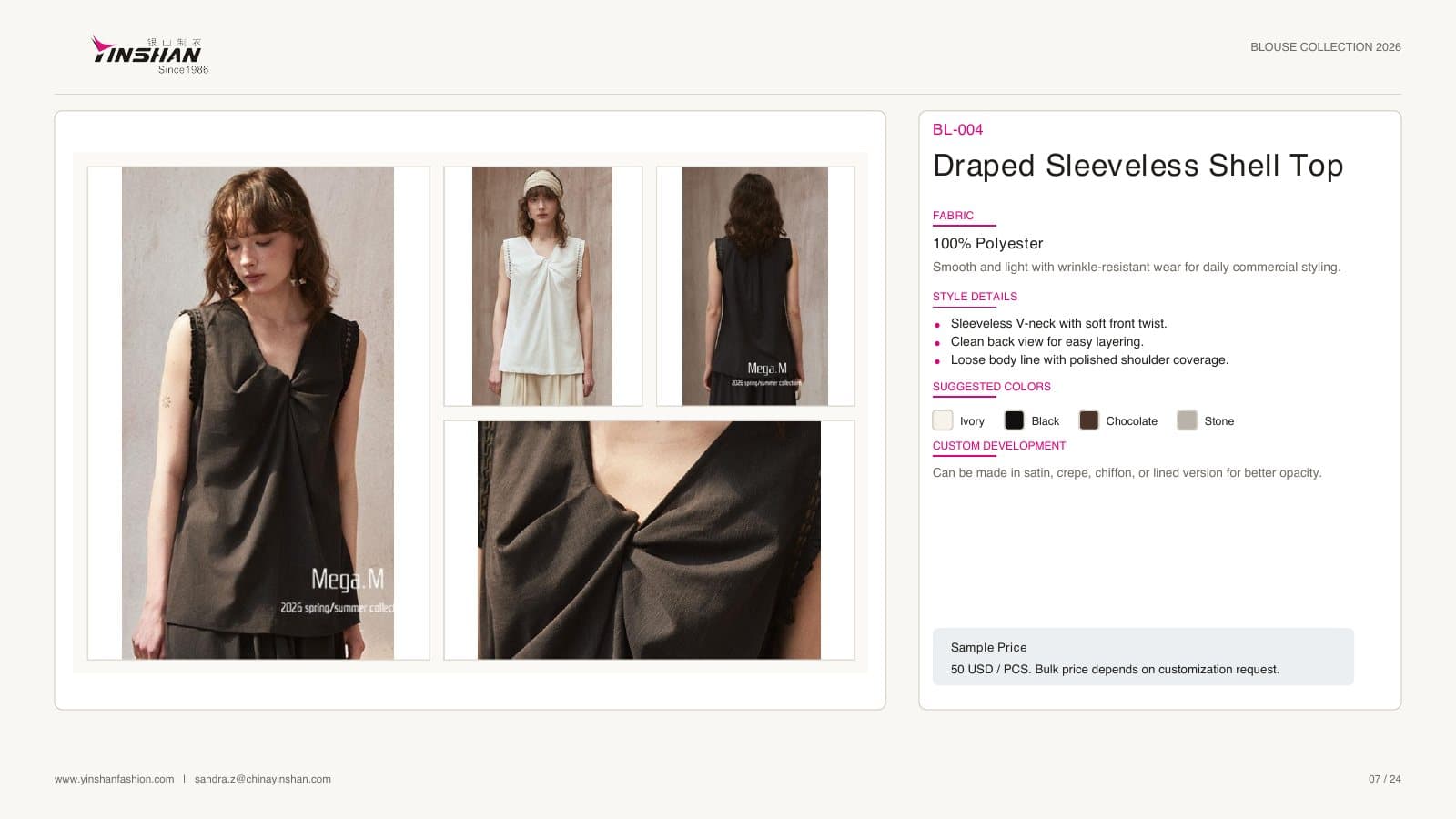 Draped Sleeveless Shell Top wearing and construction view 1