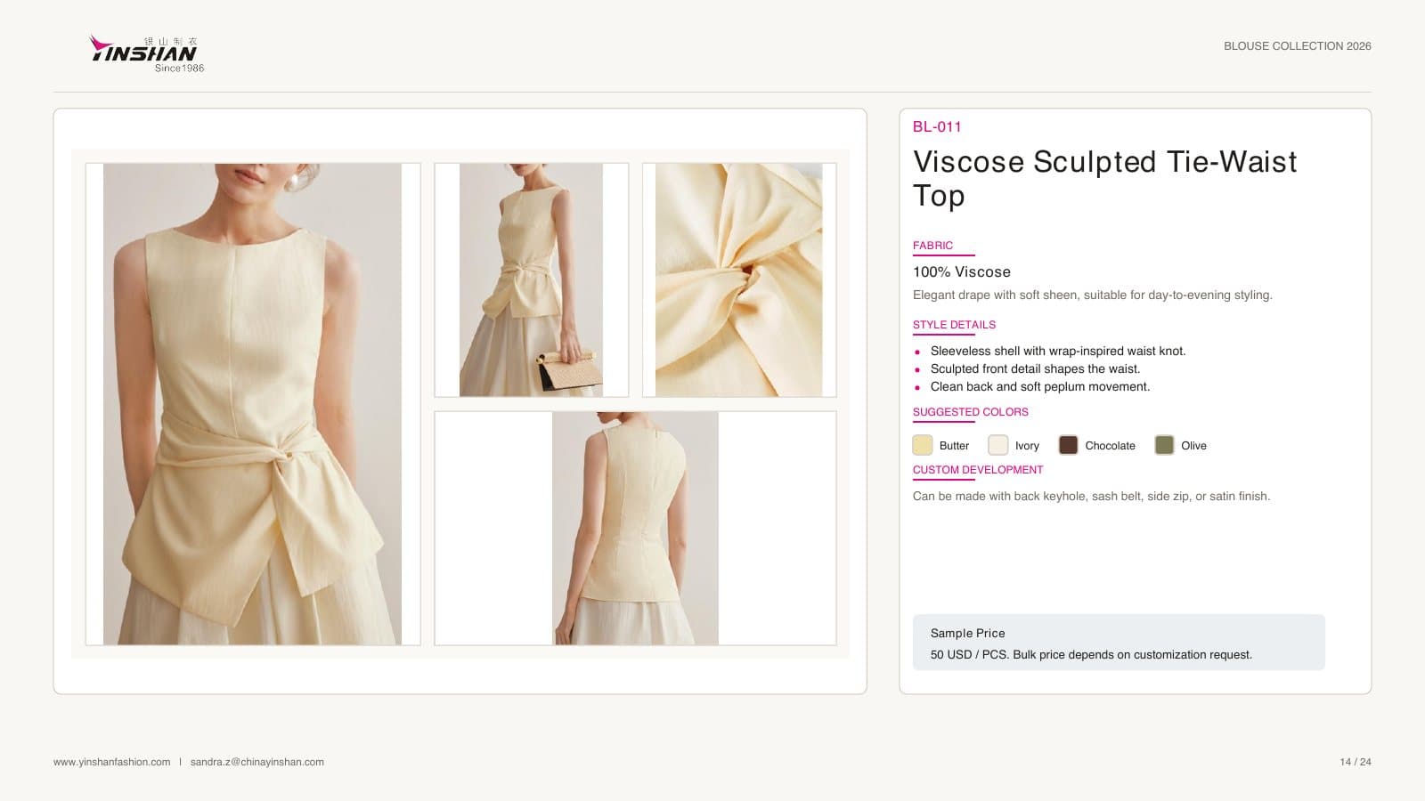 Viscose Sculpted Tie-Waist Top wearing and construction view 1