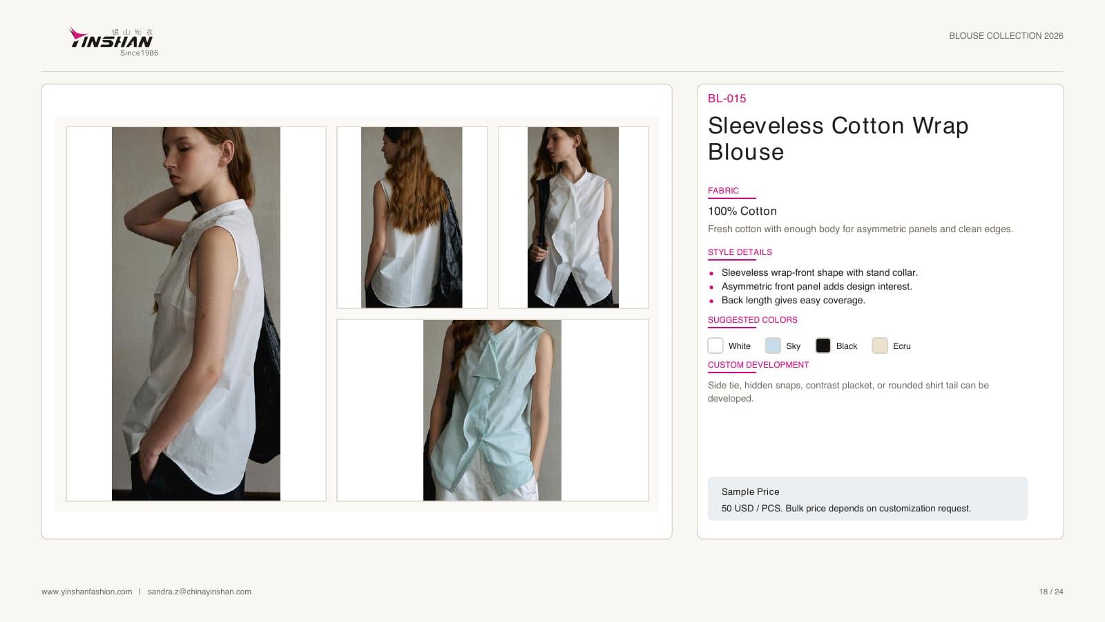 Sleeveless Cotton Wrap Blouse wearing and construction view 1