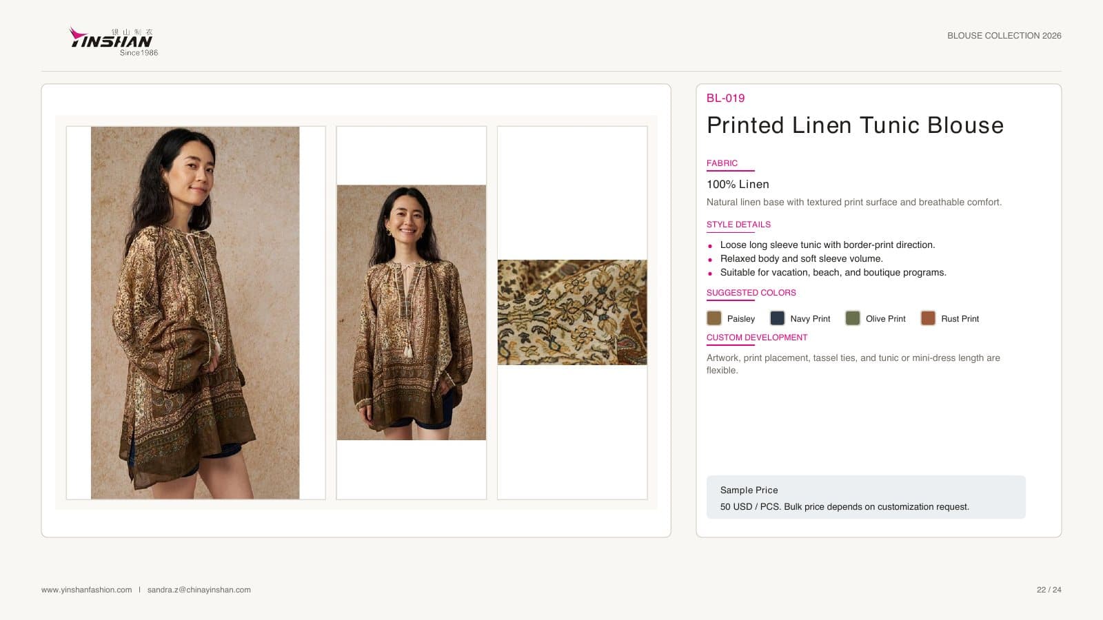 Printed Linen Tunic Blouse wearing and construction view 1