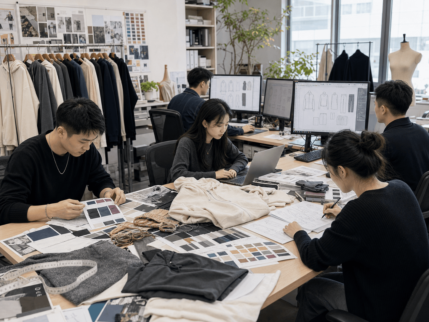 Young Asian fashion designers working on style design, color matching, and fabric selection in the factory design room