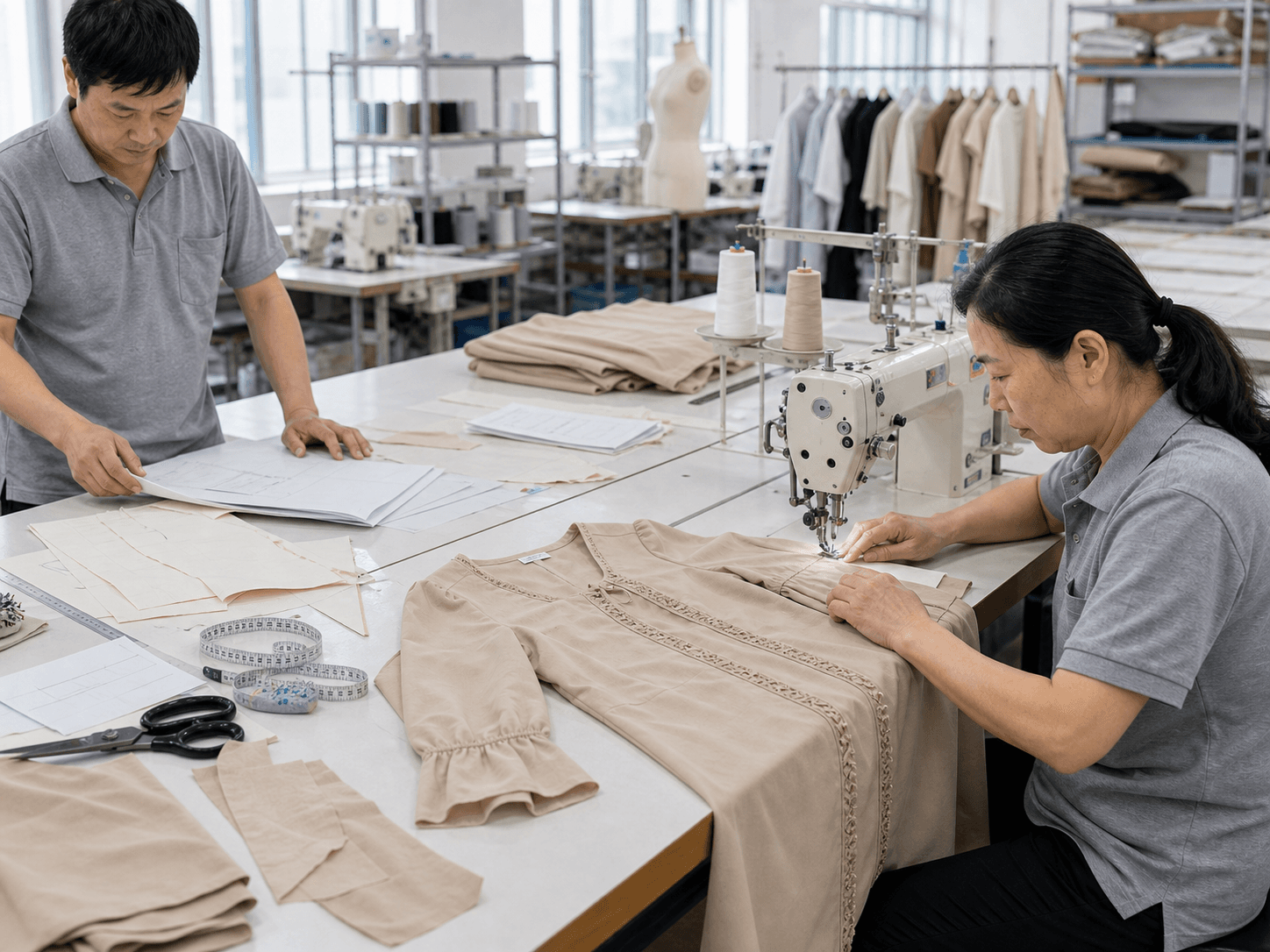Sample makers sewing and checking a fashion garment sample on a clean factory sample table