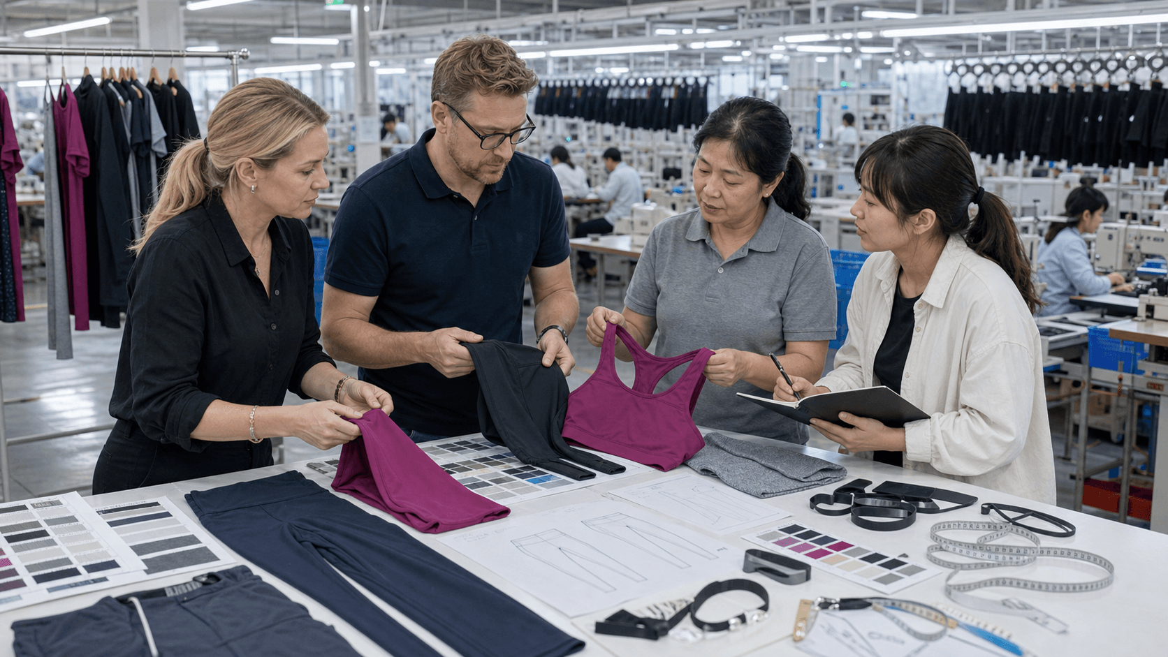 European and American activewear buyers visiting a modern Chinese garment factory and reviewing leggings, sports bra samples, fabric swatches, and technical details with factory staff