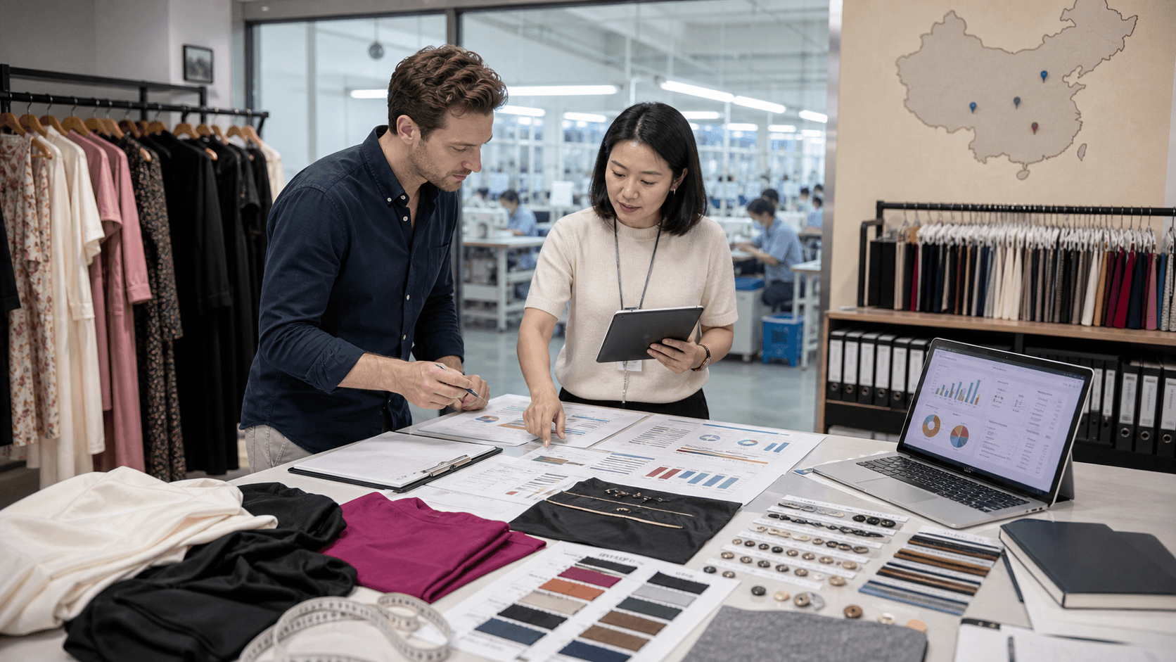 International brand sourcing manager and Chinese fashion factory merchandiser comparing garment samples, fabric swatches, supplier scorecards, and production plans in a modern sourcing office