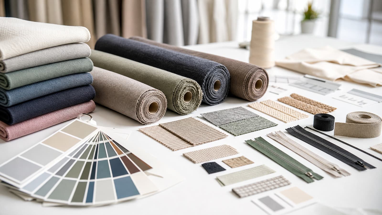 Fabric swatches, color cards, and material planning for fashion apparel production