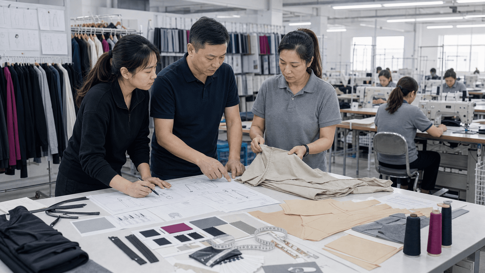 Asian fashion designer, pattern maker, and sample technician reviewing garment sketches, paper patterns, fabric swatches, trims, and sample clothing in a modern factory development room