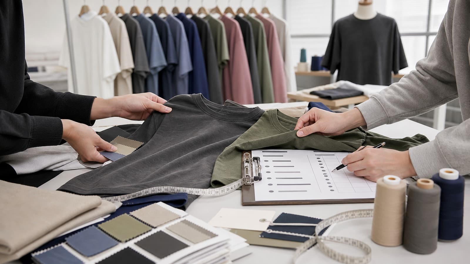 Fashion sourcing team comparing manufacturer samples, fabric cards, and production documents