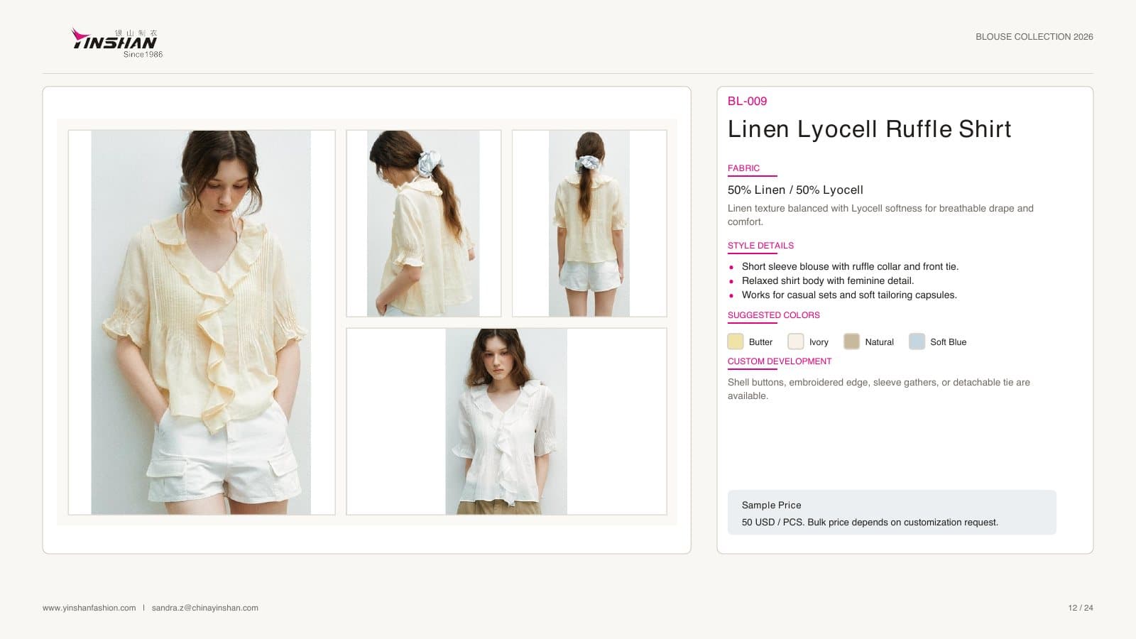 Linen Lyocell Ruffle Shirt wearing and construction view 1
