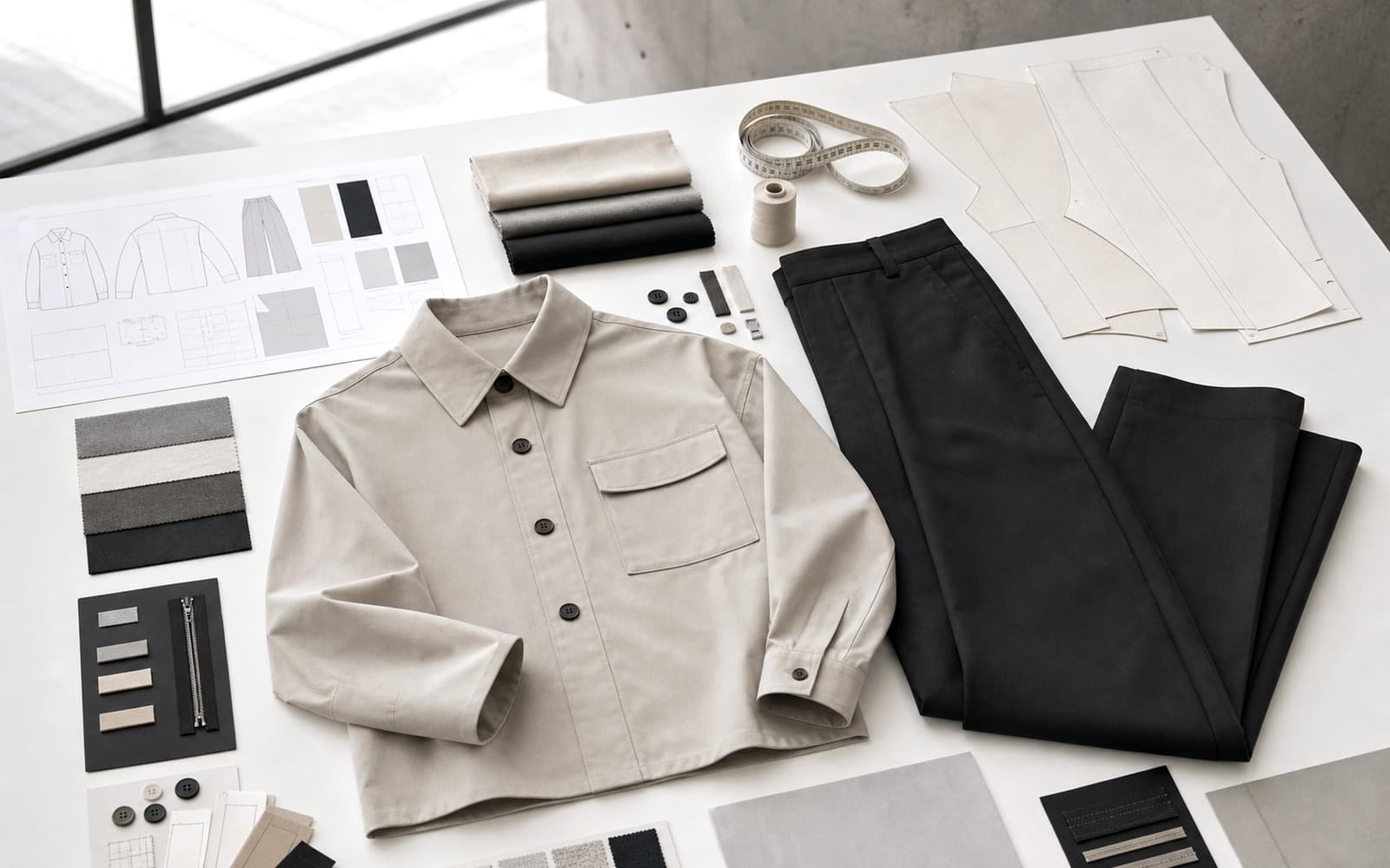 Minimalist apparel production case with structured shirt jacket, trousers, neutral fabrics, seam samples, and pattern pieces