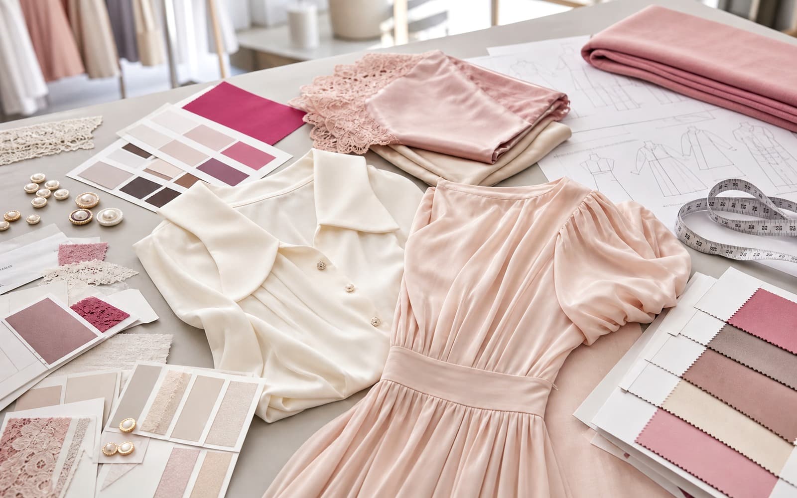 Joelle Collection womenswear development case with blouse and dress samples, fabric swatches, trims, and pattern notes