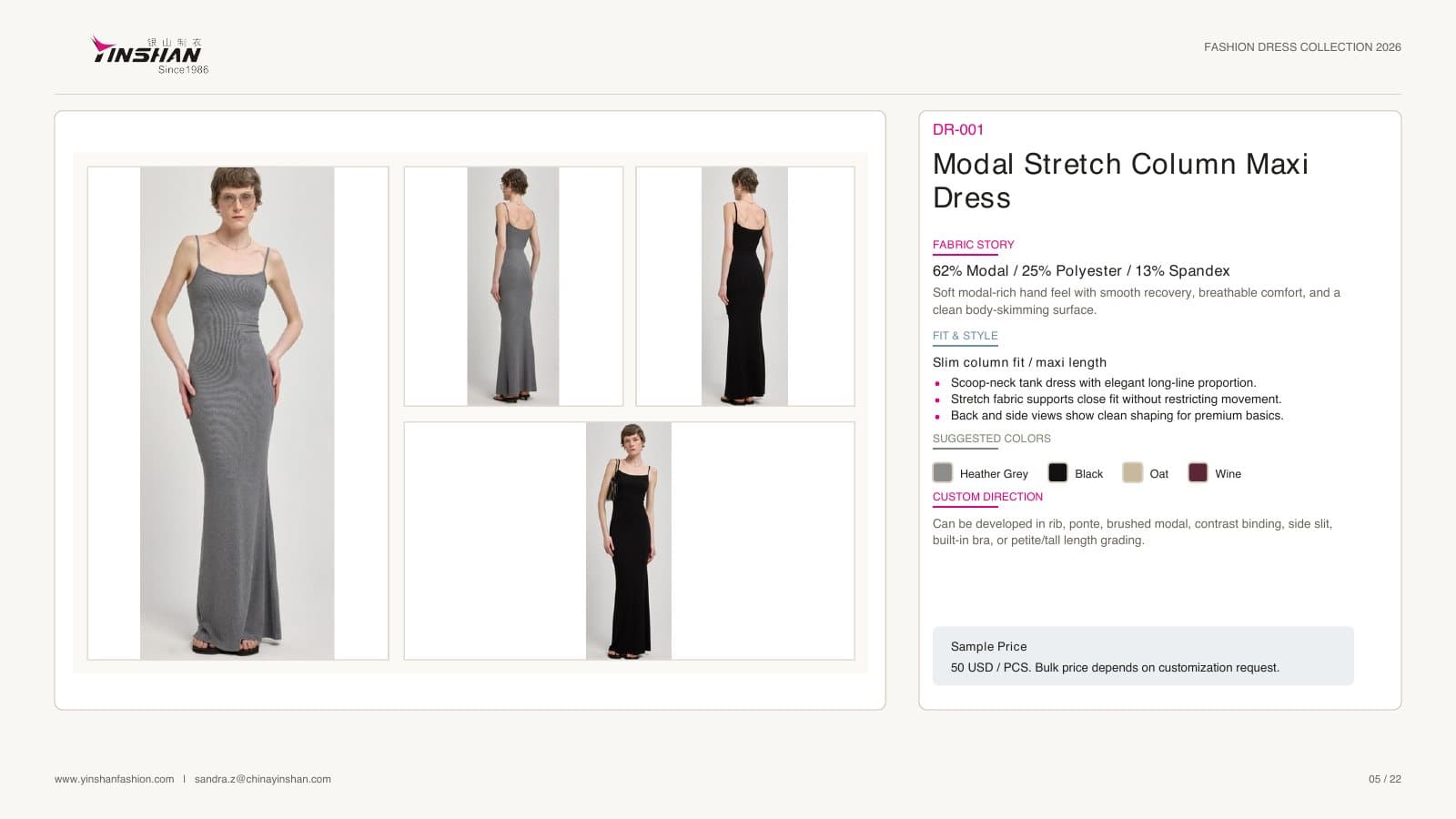 Modal Stretch Column Maxi Dress wearing and construction view 1