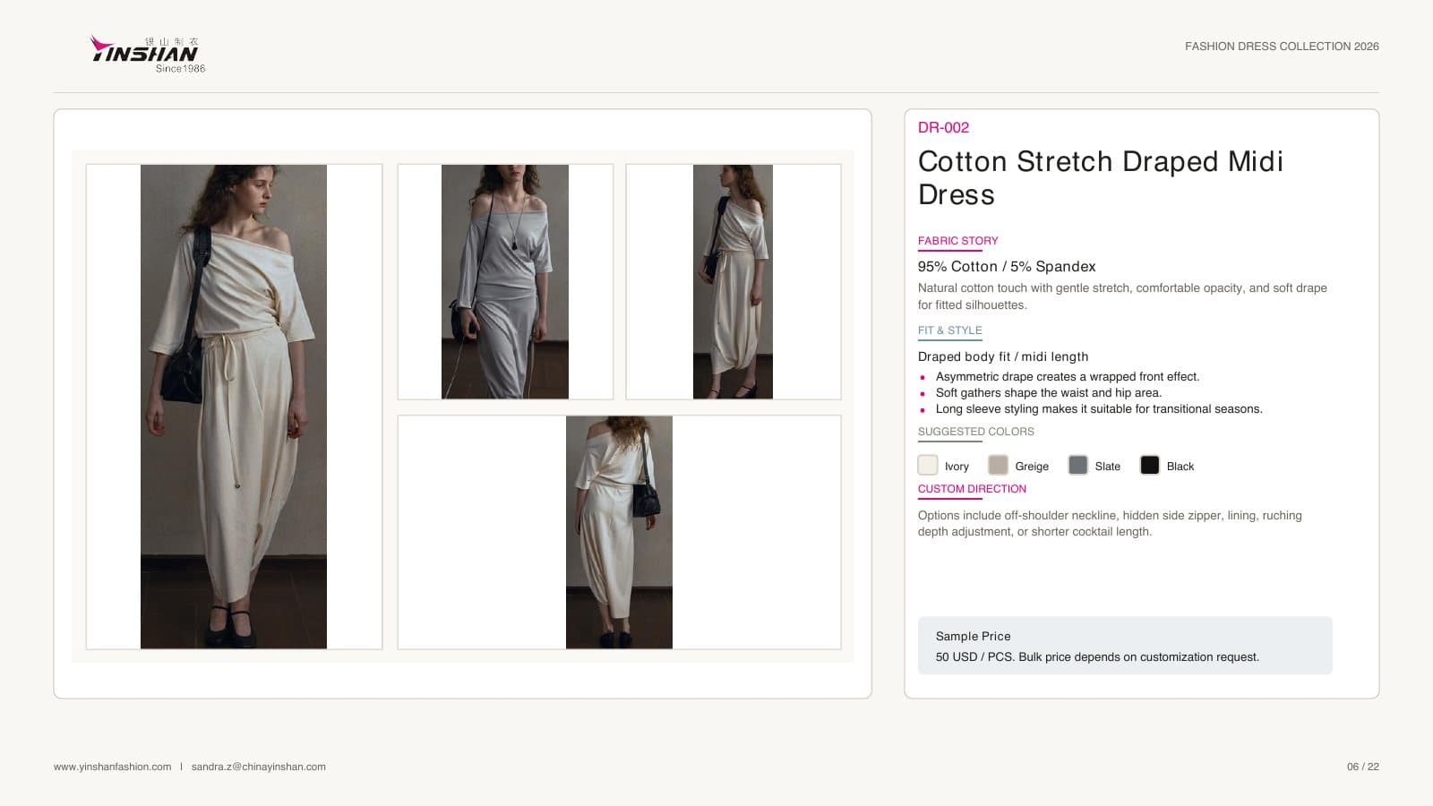 Cotton Stretch Draped Midi Dress wearing and construction view 1