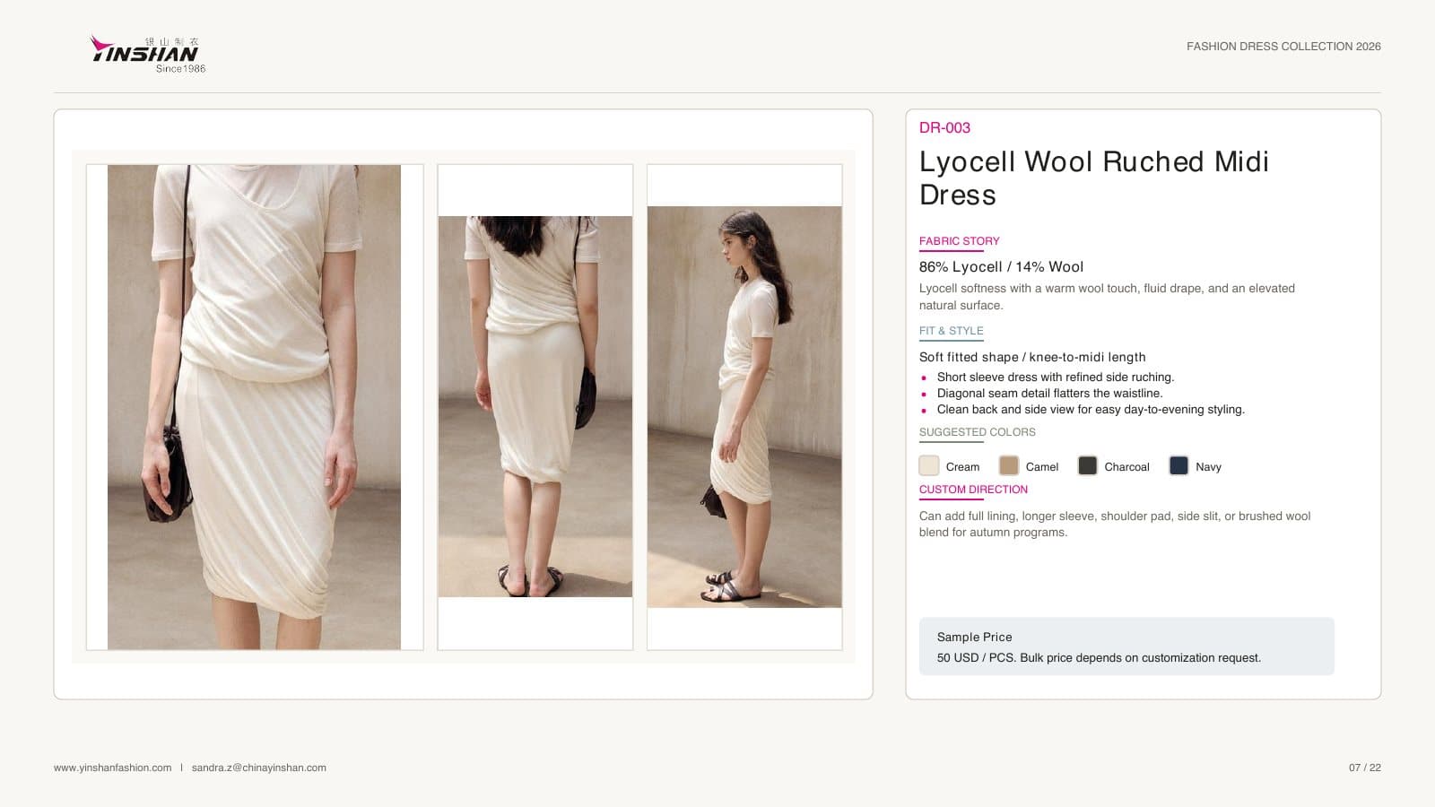 Lyocell Wool Ruched Midi Dress wearing and construction view 1