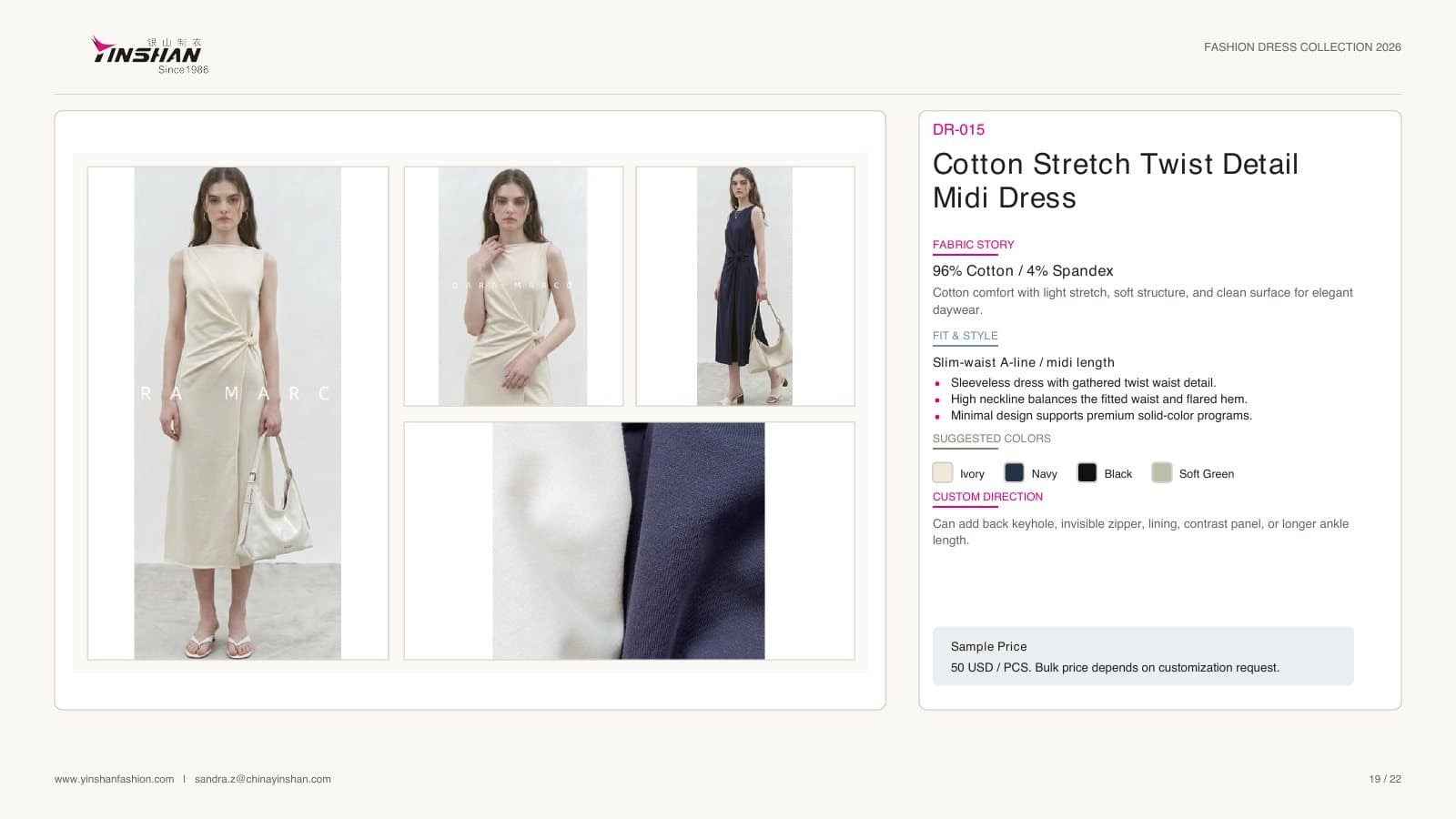 Cotton Stretch Twist Detail Midi Dress wearing and construction view 1