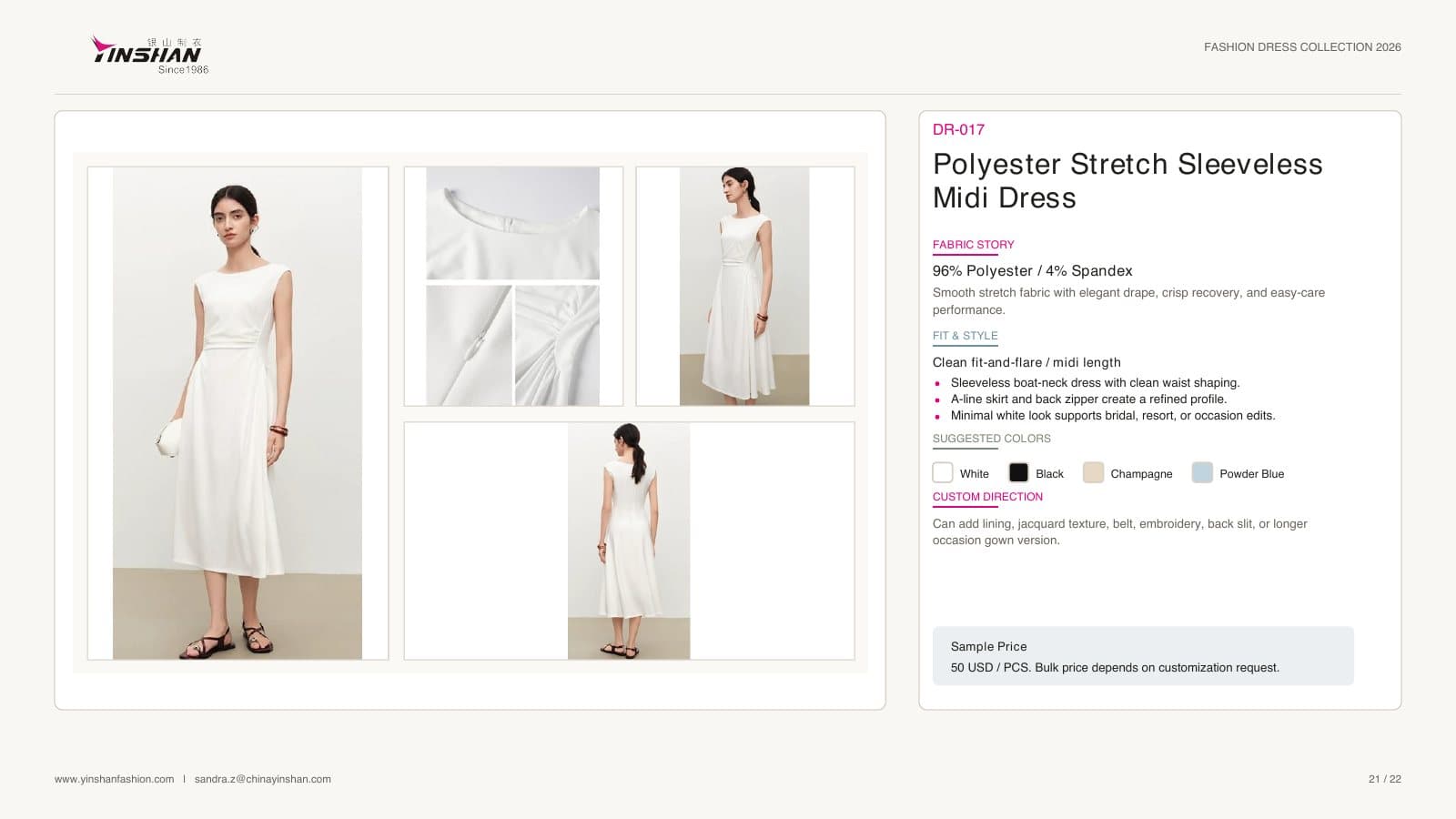 Polyester Stretch Sleeveless Midi Dress wearing and construction view 1