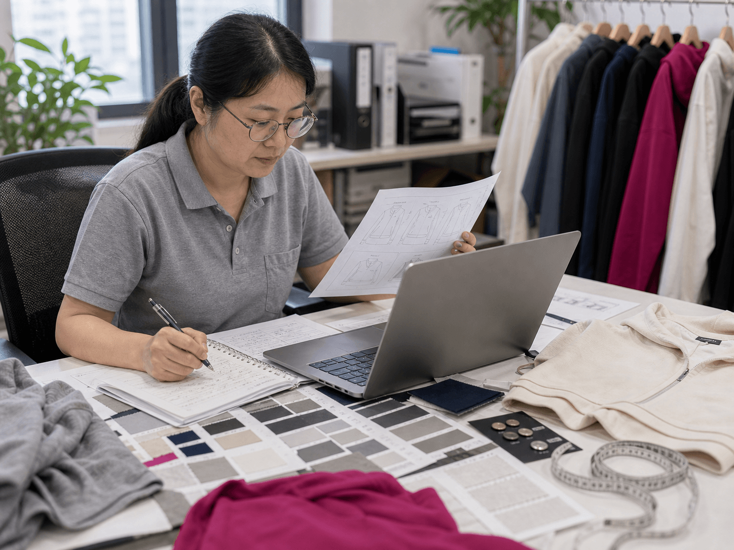 Fashion apparel merchandiser reviewing buyer enquiry, tech pack, fabric swatches, and sample details