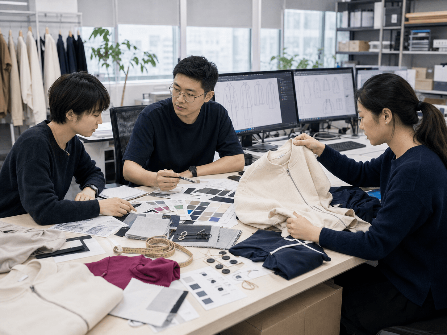 Young fashion designers working on CAD sketches, color matching, fabric swatches, and garment samples
