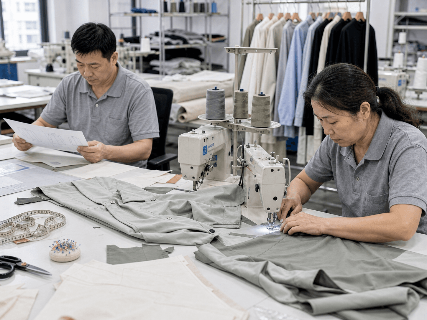 Sample makers sewing and checking a fashion garment sample on a clean sample room table