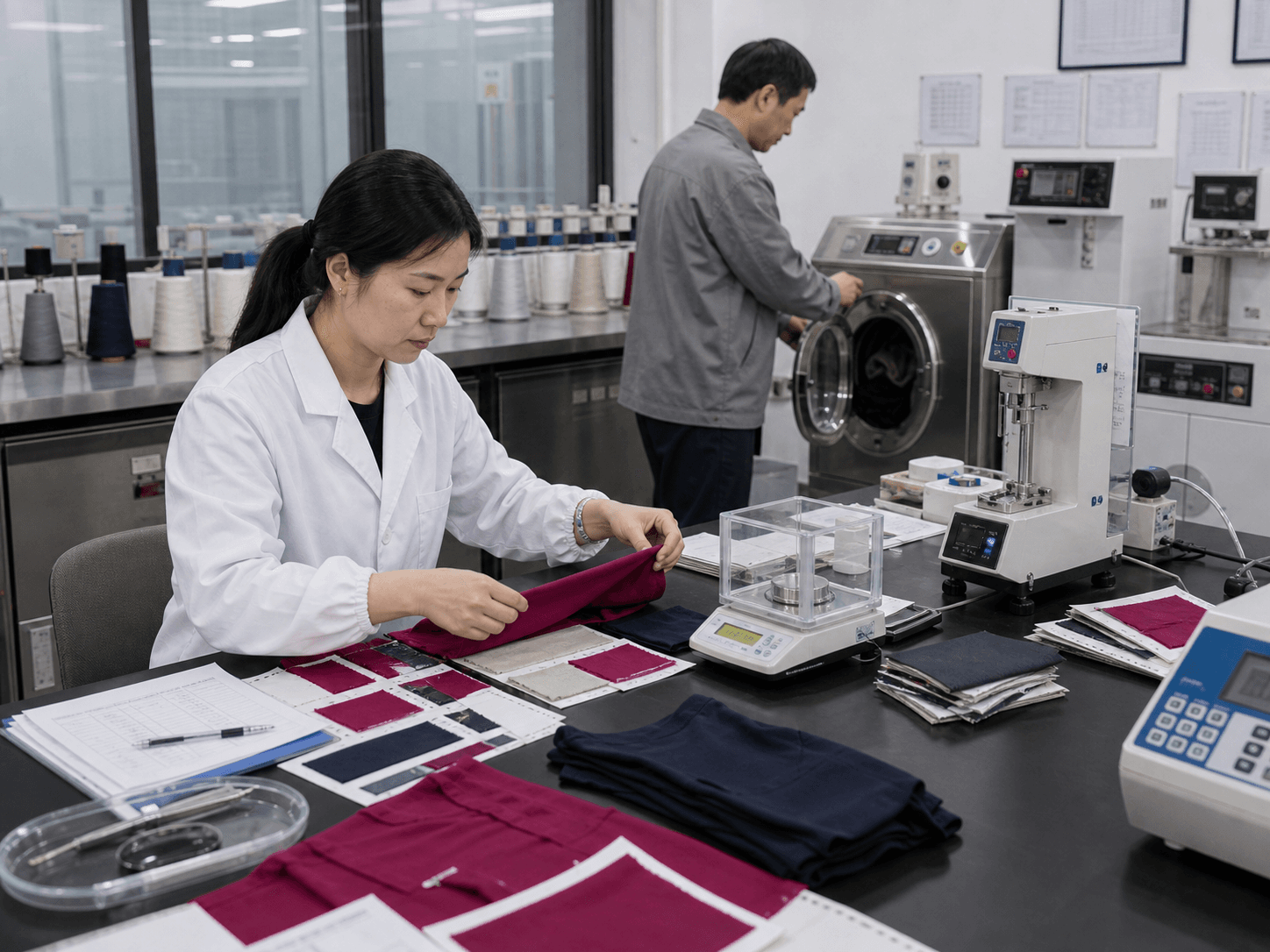 Textile testing lab checking fabric shrinkage, colorfastness, washing, and garment performance
