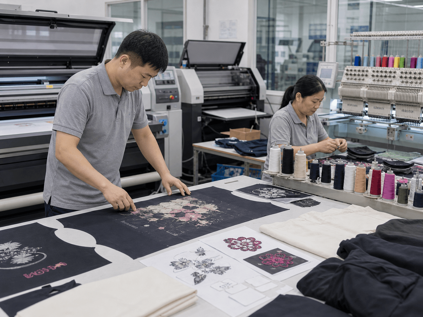 Fashion garment decoration room with print samples, embroidery threads, and apparel panels