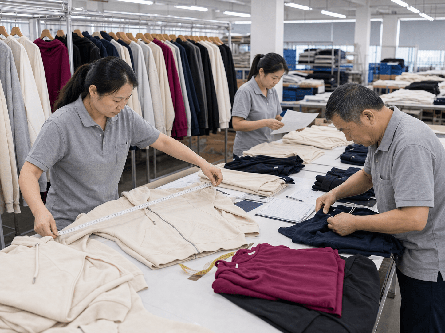 Quality control staff measuring and inspecting fashion garments on long white inspection tables