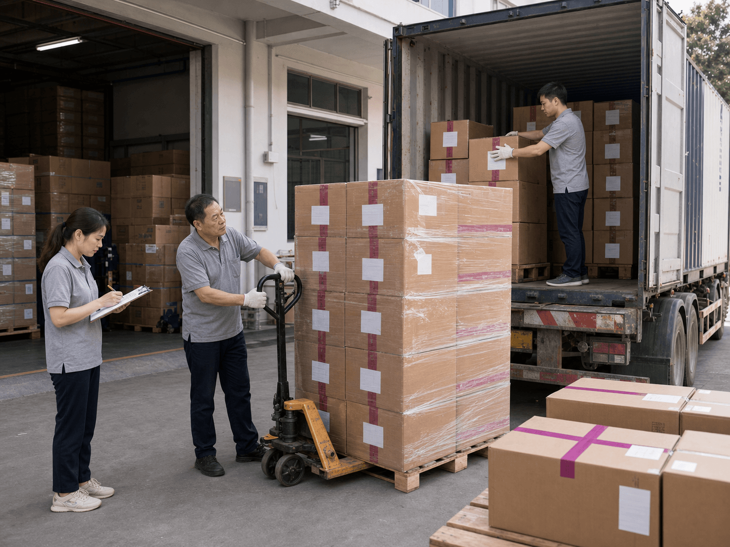 Factory warehouse team loading export cartons of finished fashion garments into a delivery truck