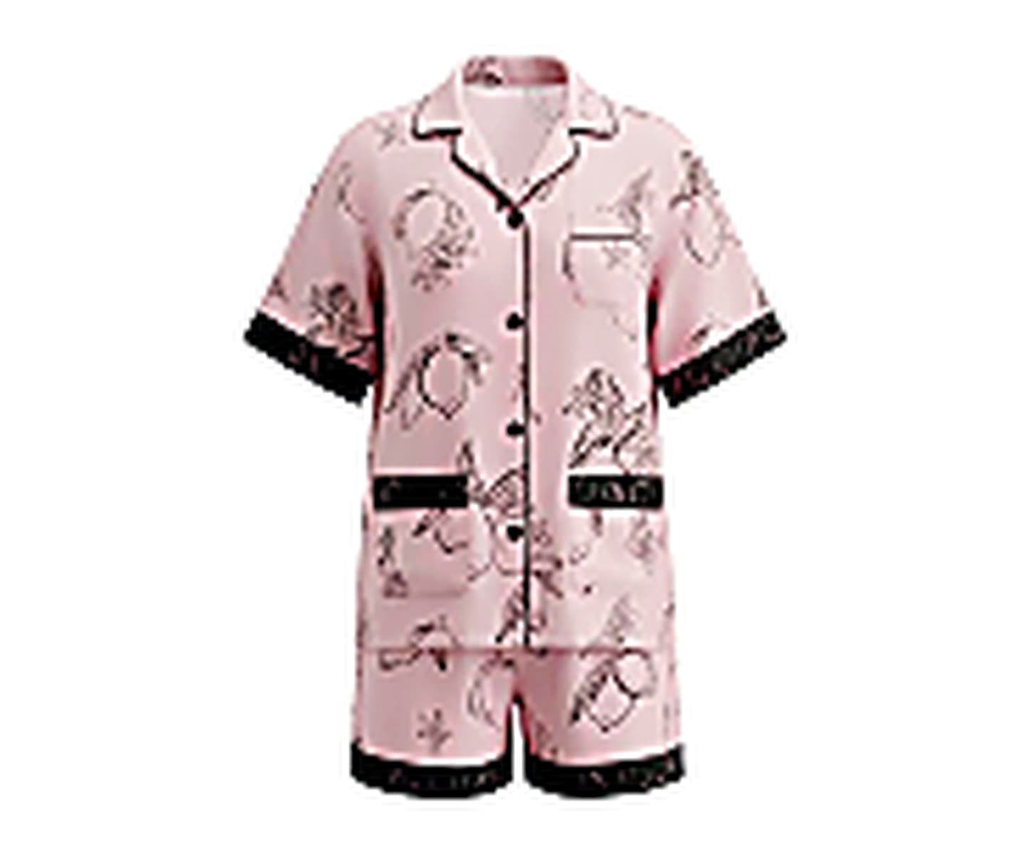 Rose Print Short Pajama Set wearing and construction view 2
