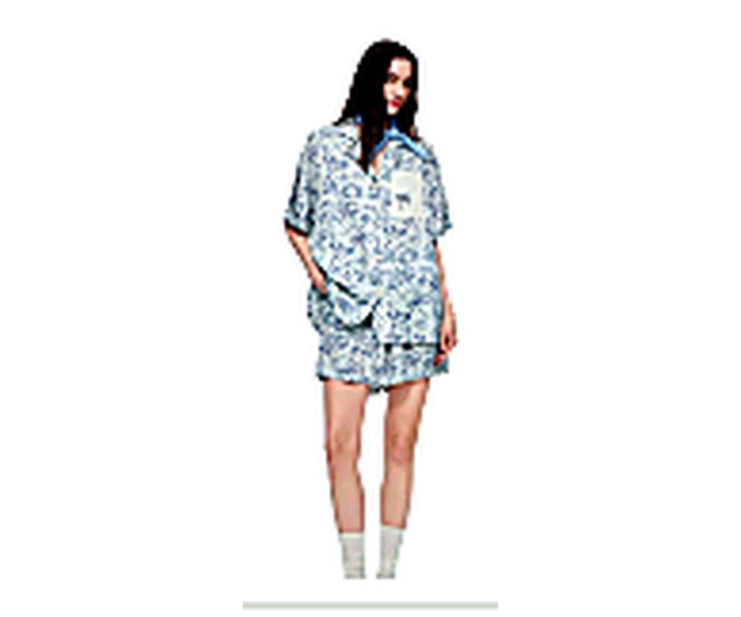 Blue Printed Short Pajama Set wearing and construction view 1