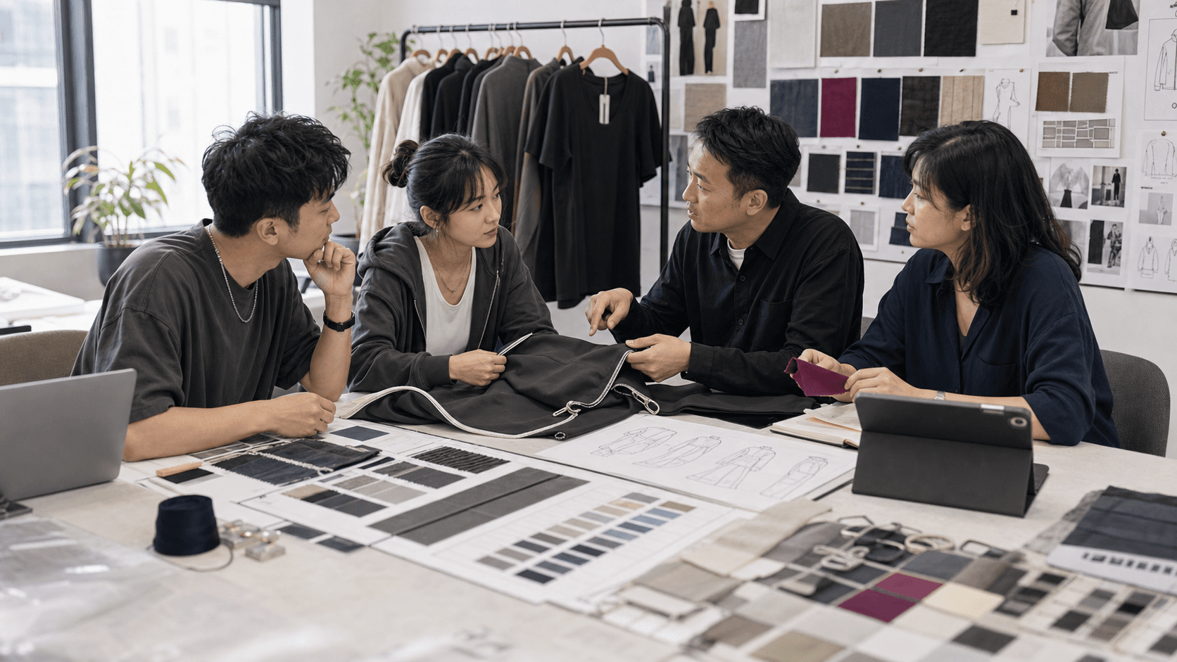 Fashion product developers reviewing fabric, trims, color, and customization details
