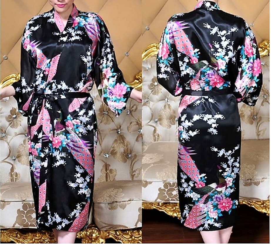 Black floral satin kimono robe front and back B2B development reference image