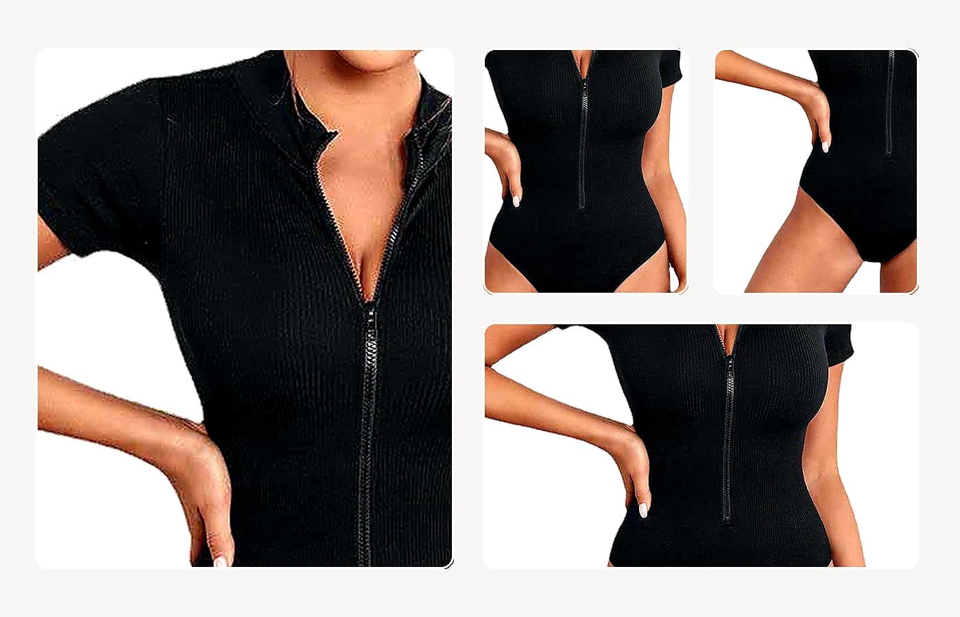 Zip Front Seamless Bodysuit wearing and construction view 1