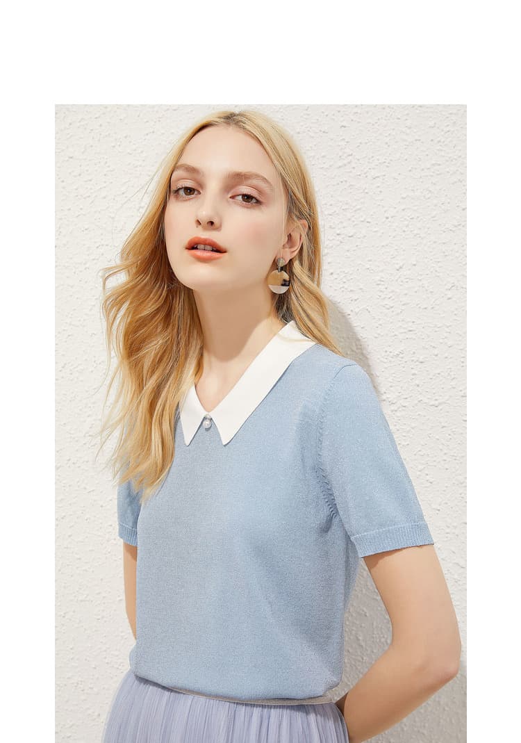 FKN-03 Contrast-Collar Short-Sleeve Knit wearing and construction view 1
