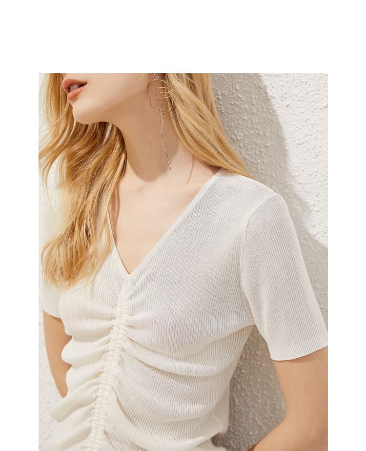 FKN-04 Gathered V-Neck Knit Tee wearing and construction view 1