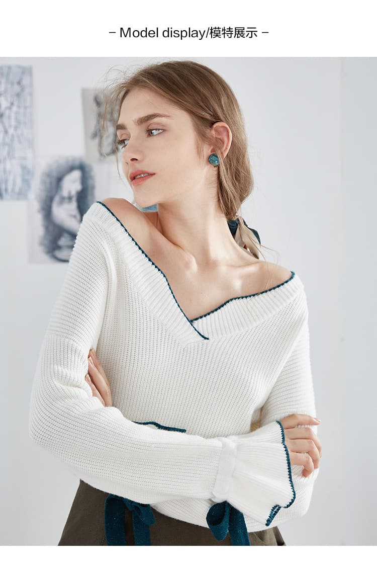 FKN-05 Contrast-Edge Off-Shoulder Knit wearing and construction view 1