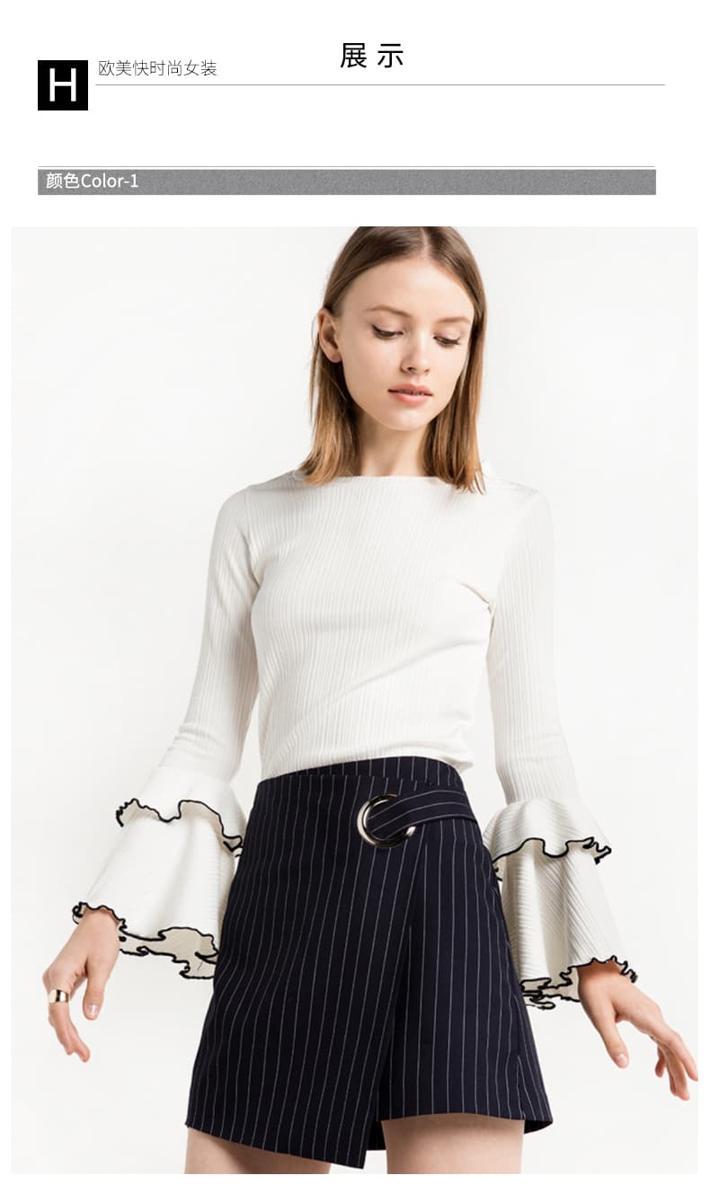 Ivory statement flare-sleeve ribbed knit top with contrast edge