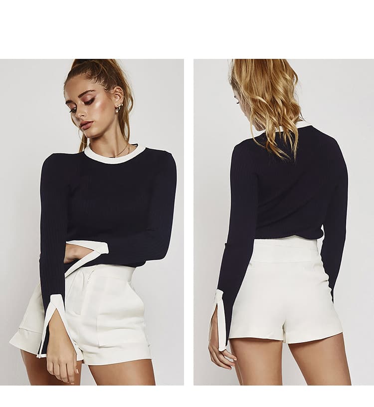 Black contrast-cuff ribbed top shown in front and back view
