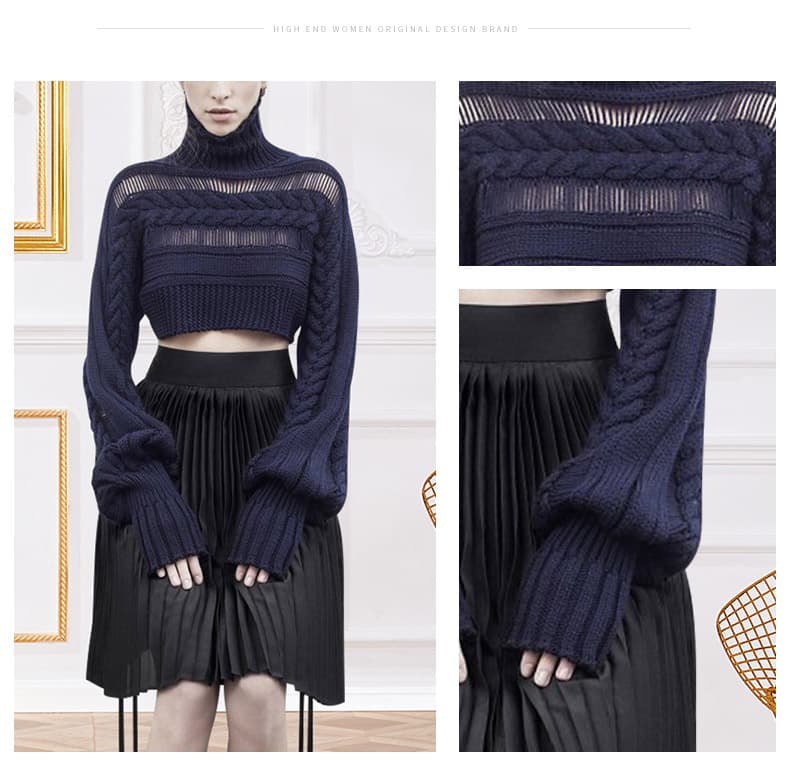 Navy cable and sheer-panel cropped knit sweater with detail images