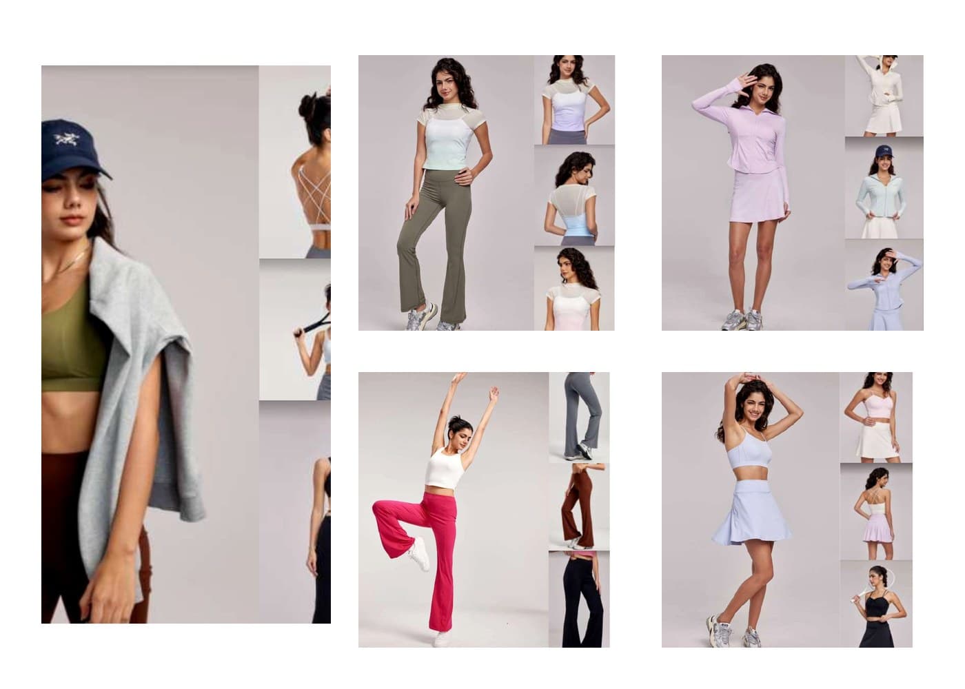 Yoga activewear collection with sports bras, tops, pants, and tennis skirts