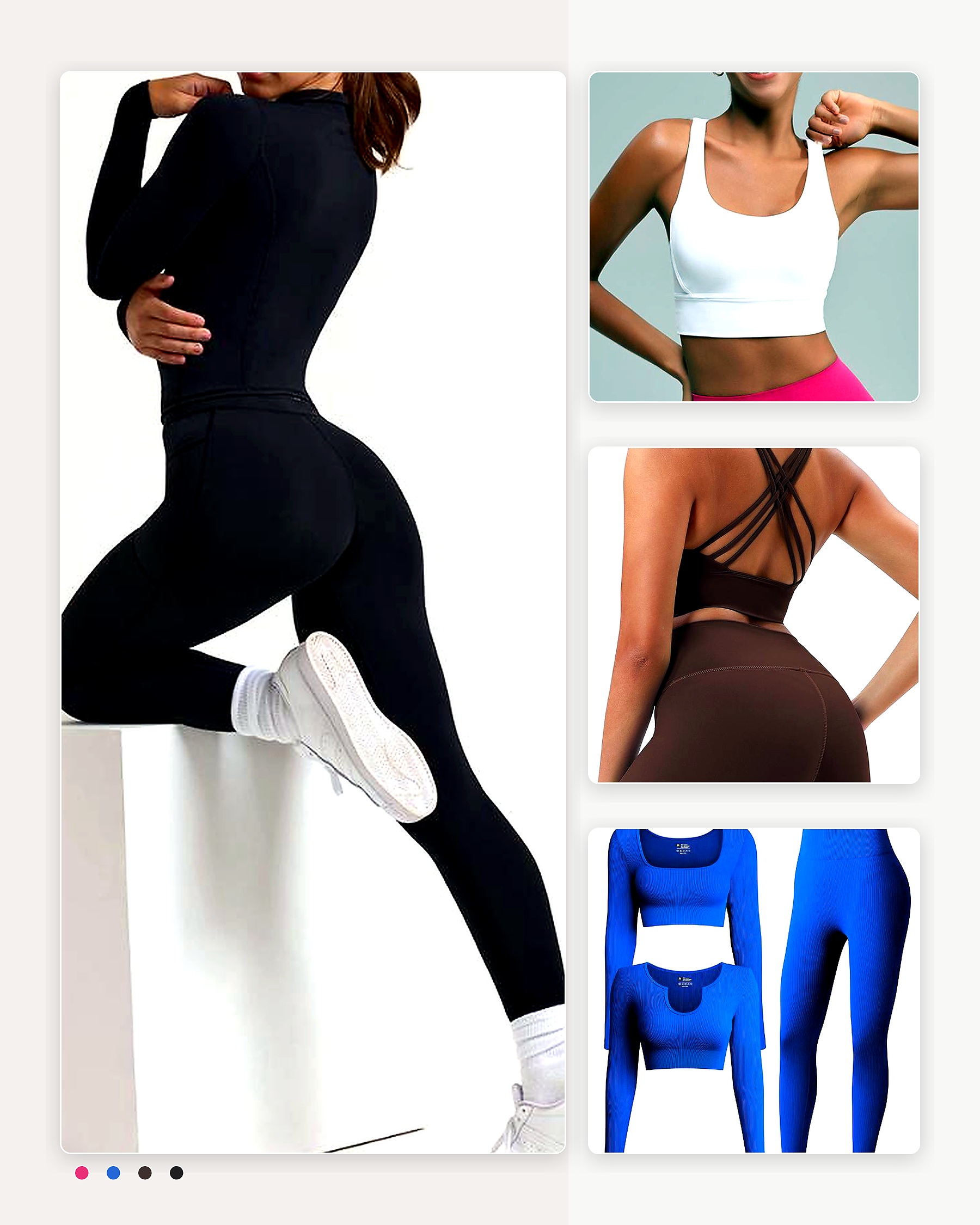 Editorial activewear collage with training set, sports bra detail, and logo-custom activewear separates