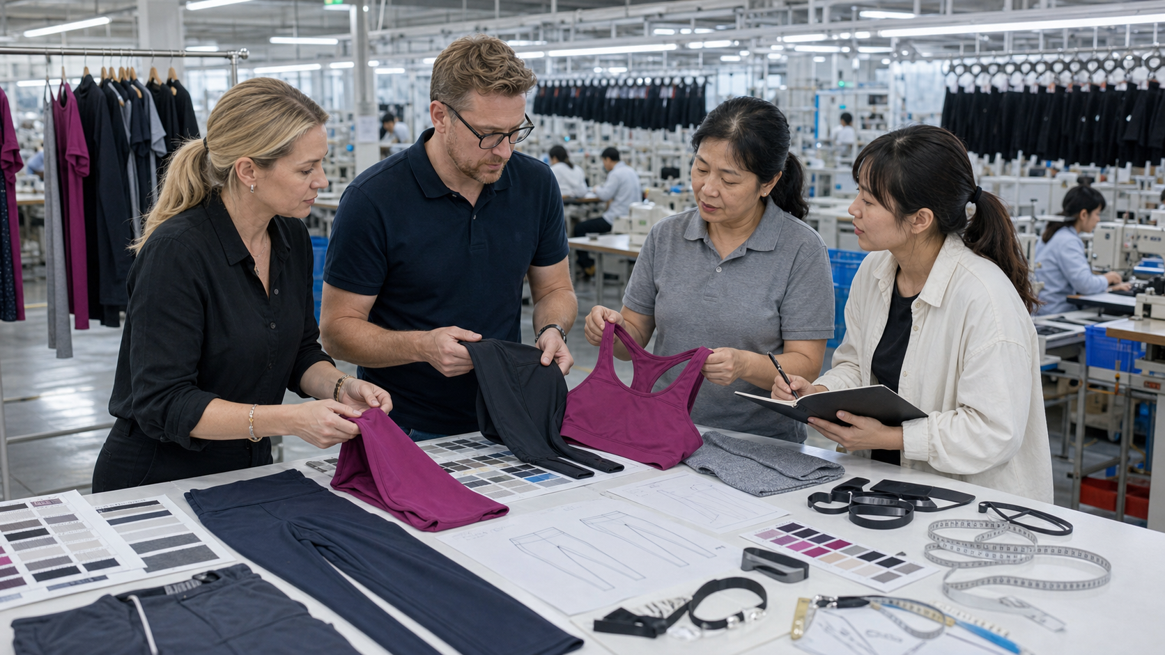European and American activewear buyers visiting a modern Chinese garment factory and reviewing leggings, sports bra samples, fabric swatches, and technical details with factory staff
