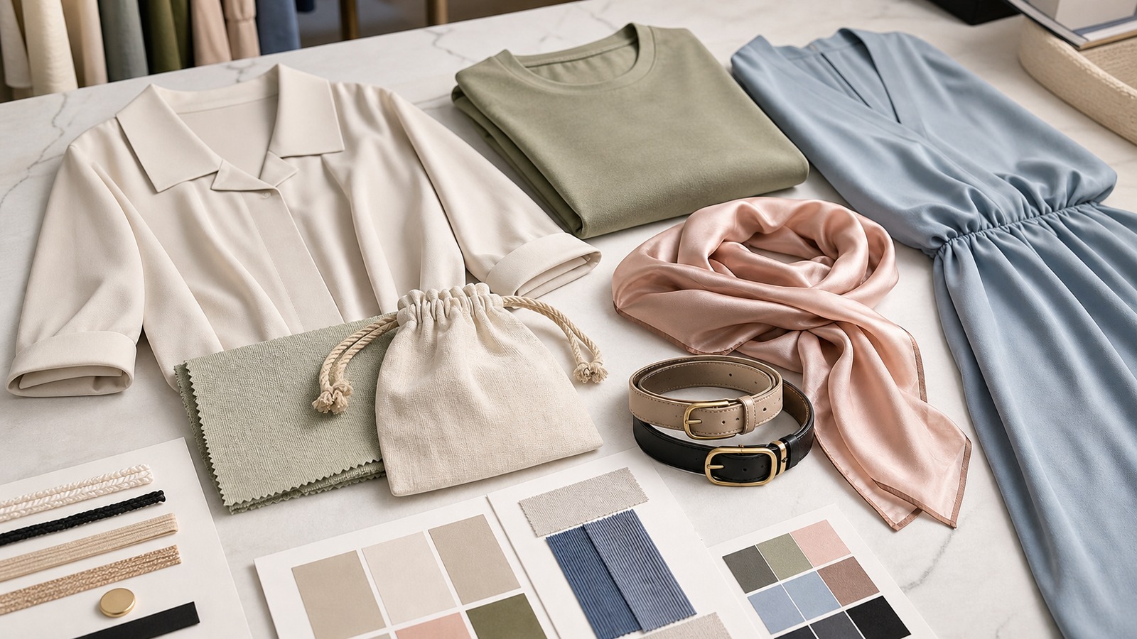 Fashion clothing and accessories blog planning board with fabrics, trims, labels, and buyer notes