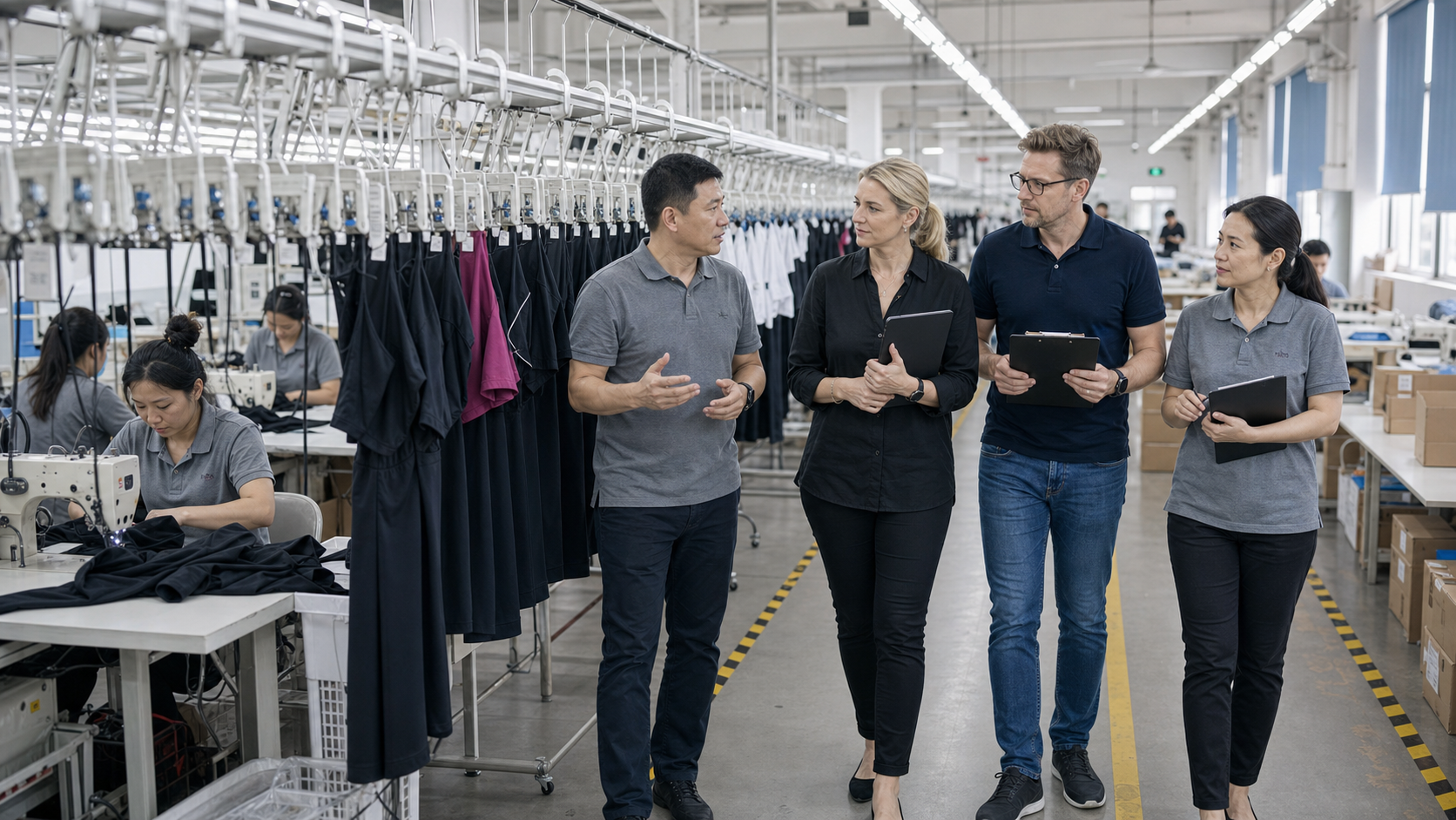 European and American buyers walking through a modern Chinese garment factory with factory managers to evaluate hanging-line production, quality control, and supplier capability