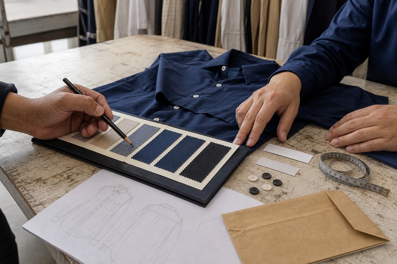 Two people comparing a navy shirt sample, fabric swatches, buttons, labels, garment sketches, tape measure, and an open kraft envelope on a practical sample-room table