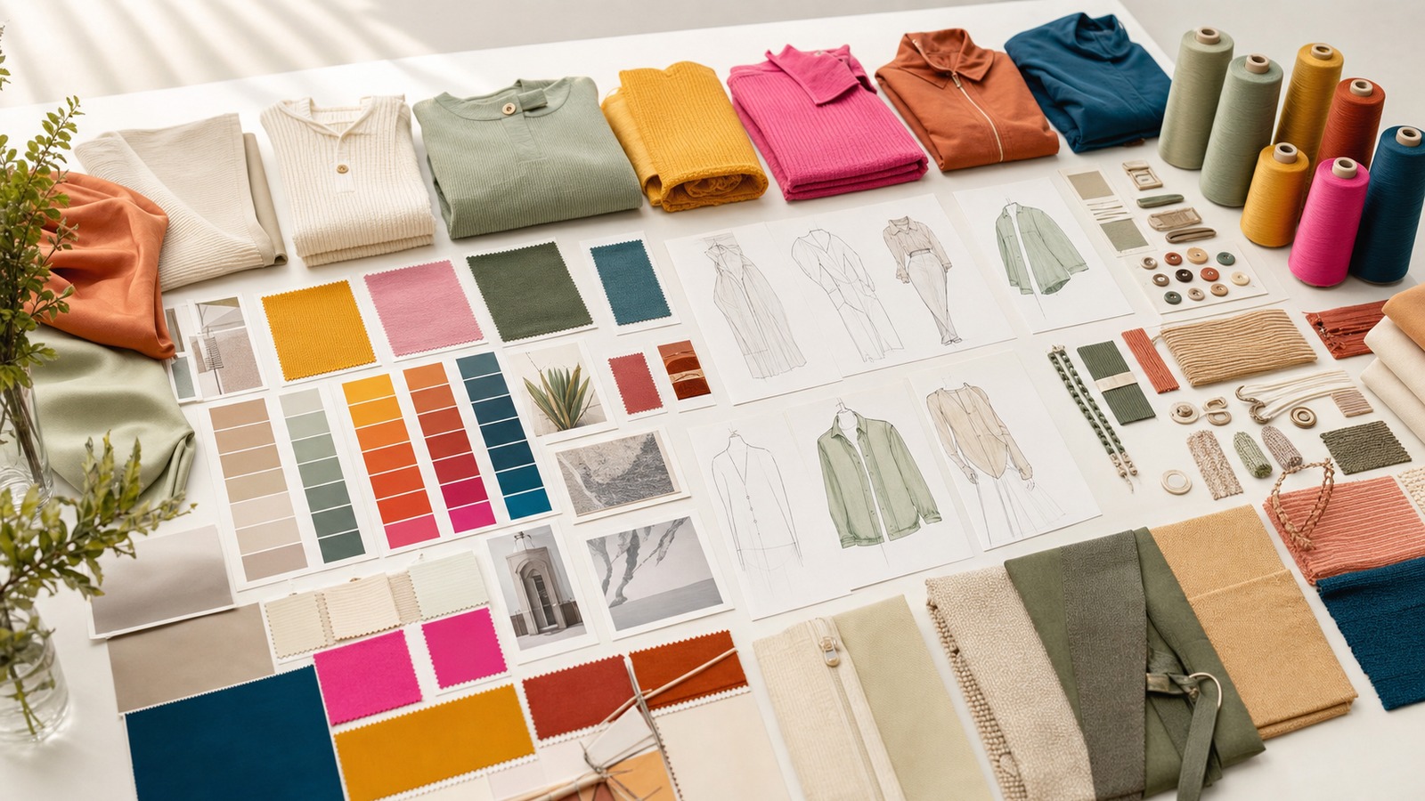 2026-2027 fashion clothing color trend board with apparel sketches, fabrics, trims, and color swatches