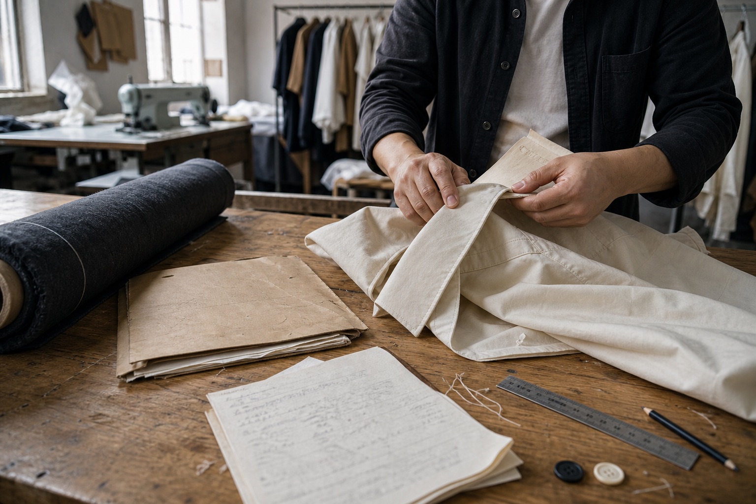 Fashion development team comparing a cream overshirt, charcoal knit sample, fabric header, trim card, colour swatches, and production records before bulk approval