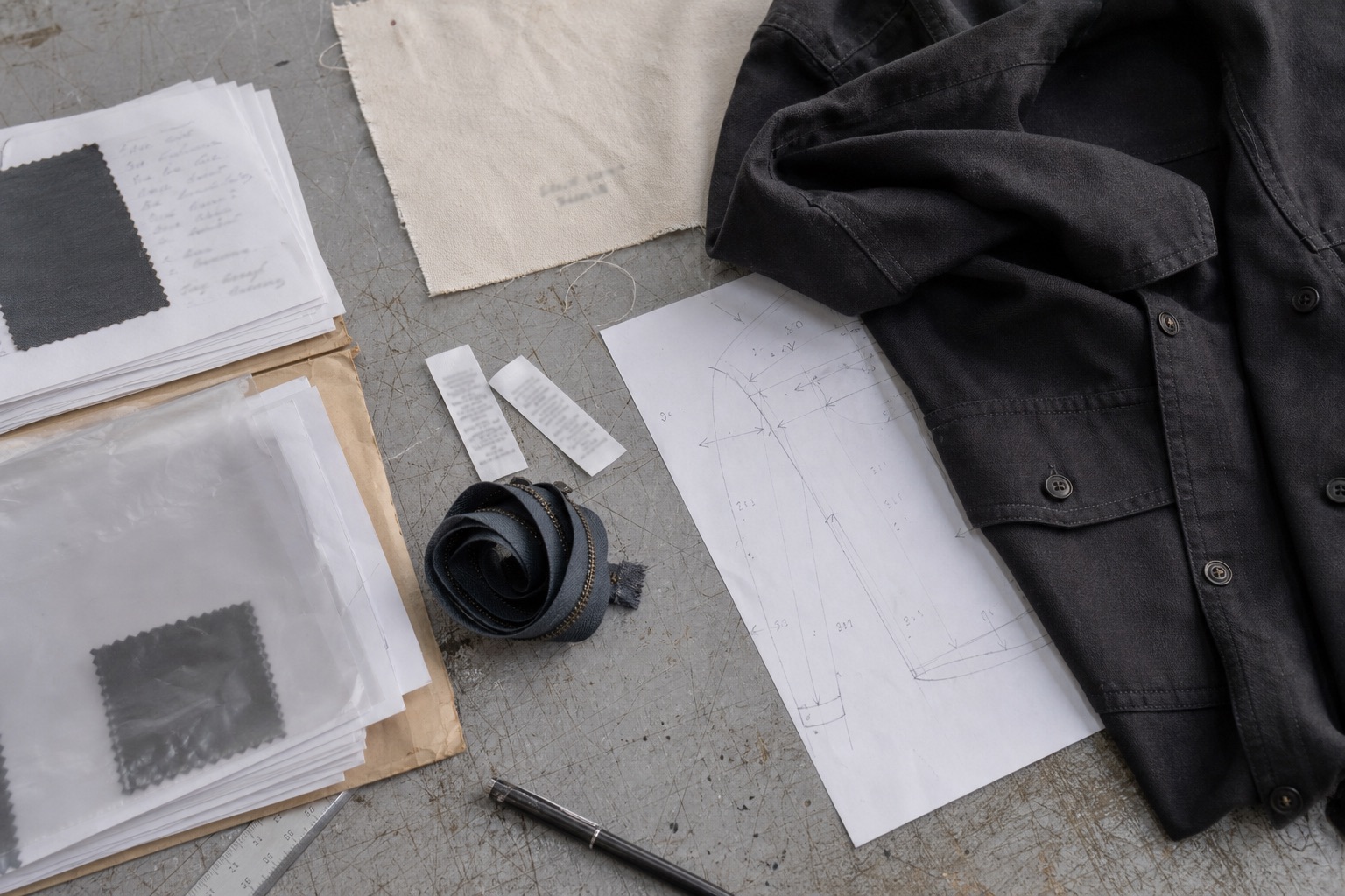 Charcoal overshirt fabric panel, cream material header, trim card, blank label samples, colour swatches, and organised production records arranged for traceability review