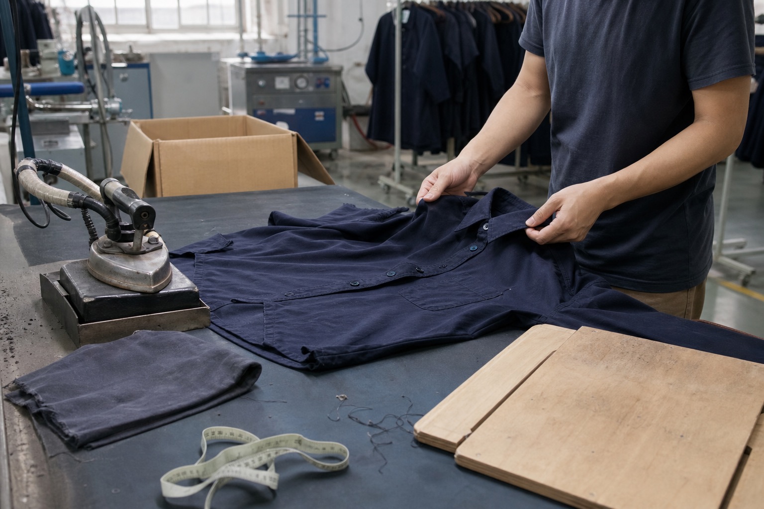 Garment finishing technician checking the collar, placket, buttons, threads, and final appearance of an unbranded navy overshirt beside a steam iron in a working factory