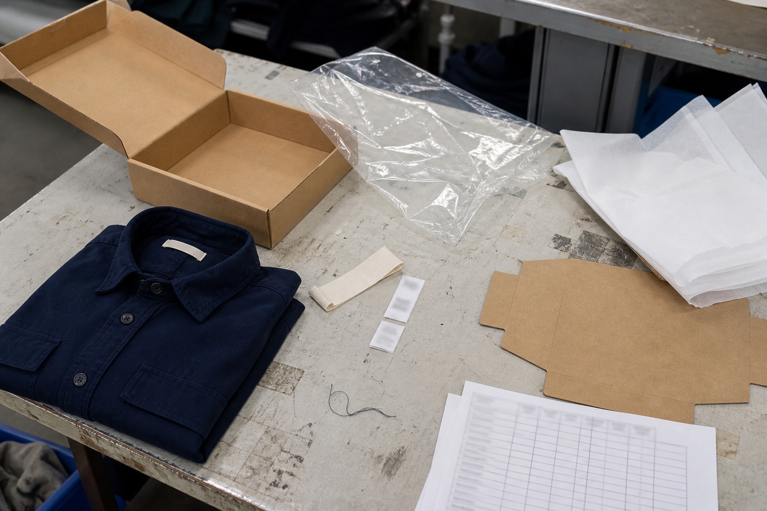 Folded unbranded navy overshirt, packing box, clear bag, blank label strips, tissue paper, folding template, and final quality sheet on a working factory table