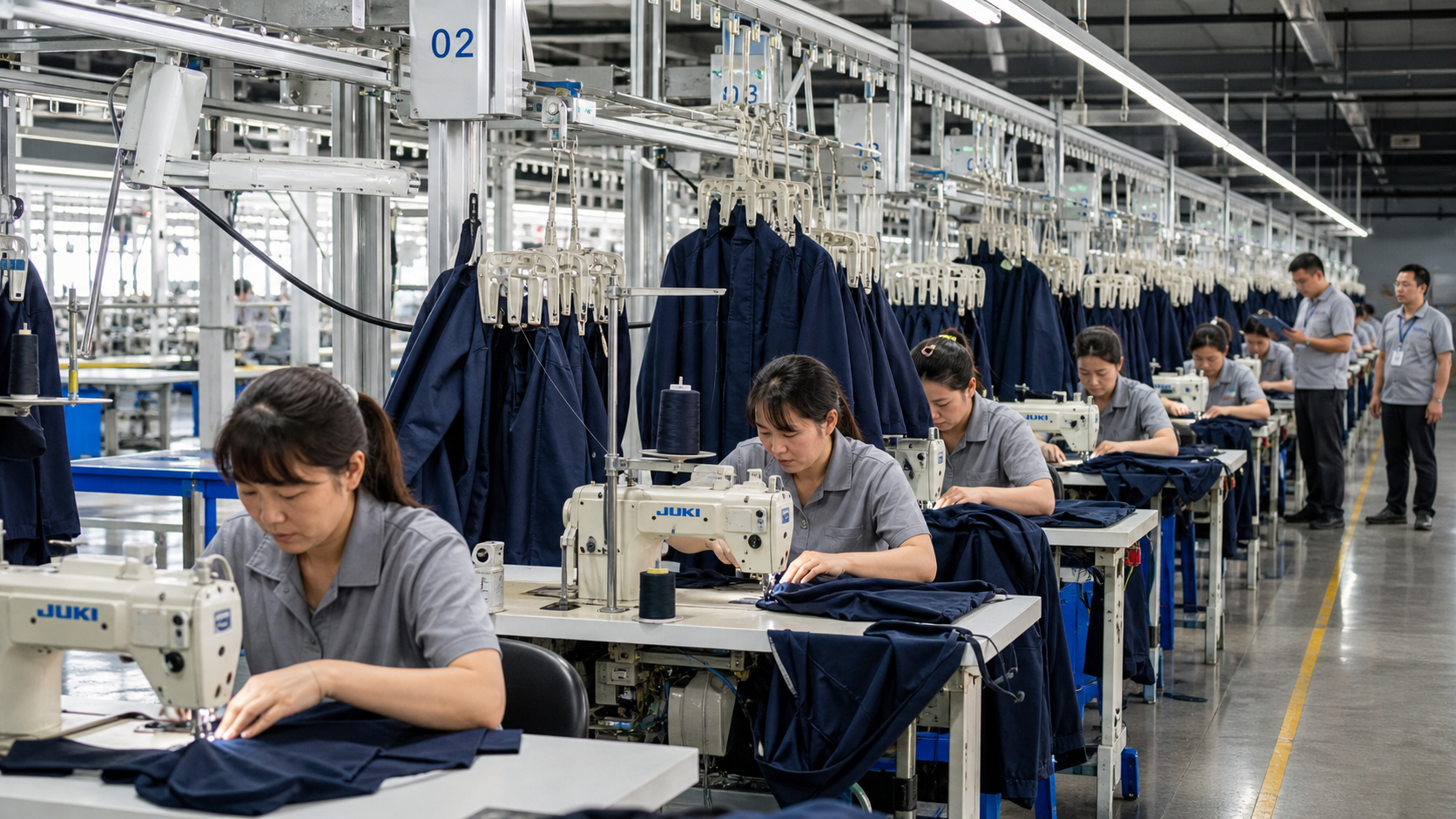 Overhead garment workflow carrying work-in-progress through apparel production stations