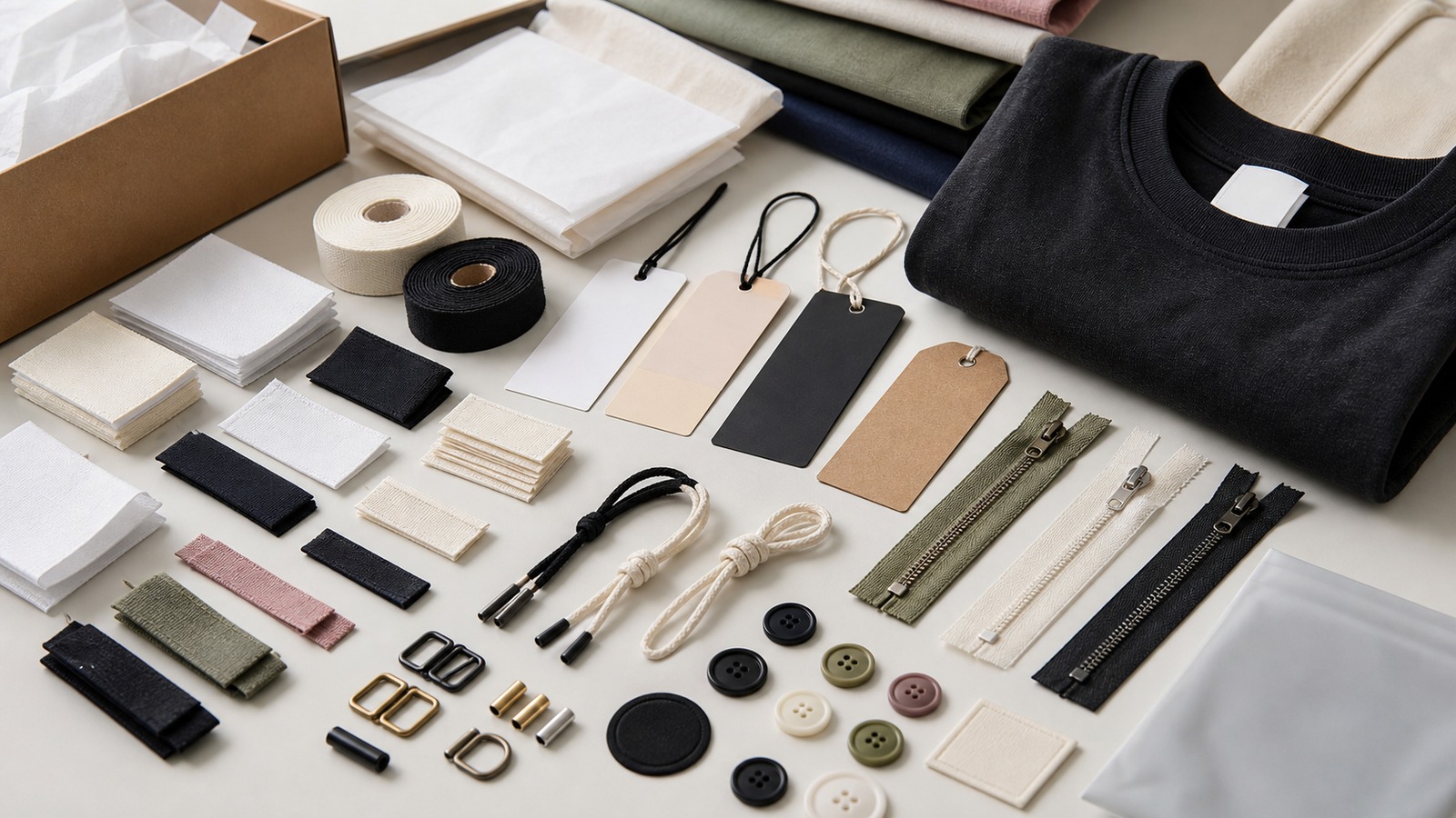 Custom fashion labels, trims, hangtags, packaging, zippers, and accessory hardware arranged for private label production